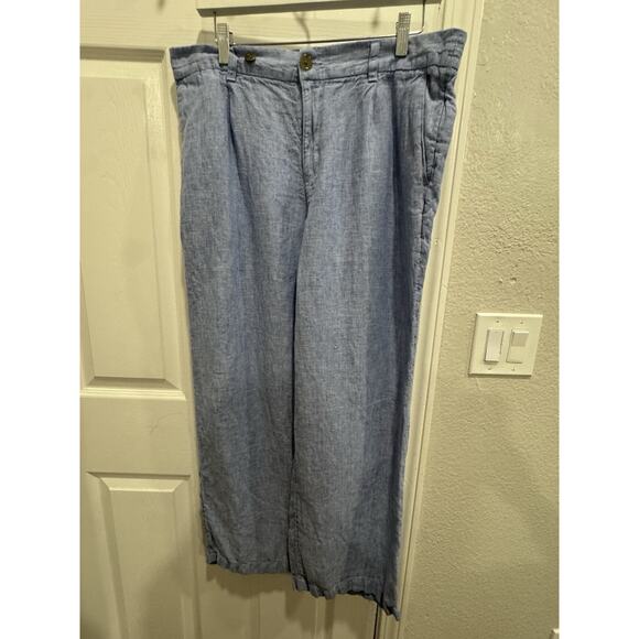 Lands End Pants Womens Size 14P Blue 100% Linen High Rise Wide Leg Coastal - Picture 1 of 6